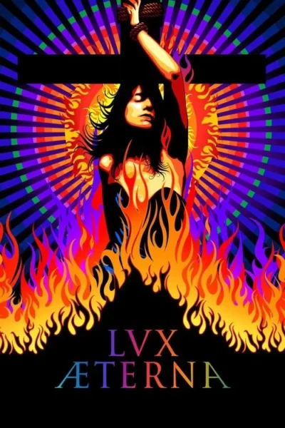 Pôster psicodélico: mulher com braço atado a uma cruz, olhos fechados, rodeada por chamas. Fundo de sol vibrante e raios coloridos.