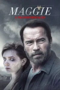 Pôster sombrio. Homem barbudo e mulher com rosto pálido e veias visíveis. Fundo cinzento,clima de drama/horror.