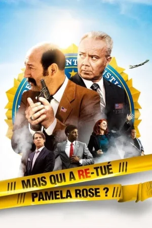 Dois detetives de terno no topo, um com arma. Emblema e avião no céu. Diversos agentes surgem de fumaça. Fita amarela de cena de crime.