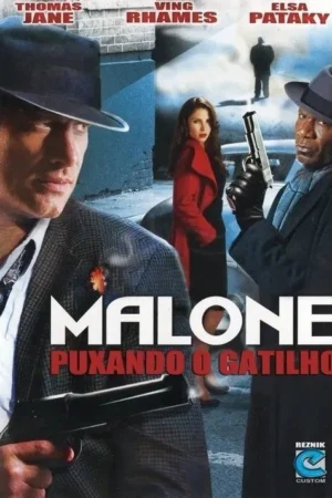 Pôster de filme noir. Homem de chapéu com arma em primeiro plano. Mulher de vermelho e outro homem armado em beco escuro. Clima tenso.