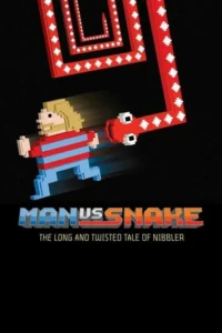Man vs. Snake 6 Arte pixelizada: um personagem loiro corre de uma cobra vermelha gigante que forma um labirinto em fundo escuro. Perseguição arcade retrô.
