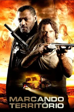 Dois homens armados, um barbudo e um com cabelo comprido, com expressões sérias. Fundo laranja ardente, com casa em chamas e veículo de polícia.