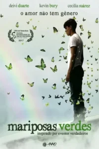Um jovem de perfil, cercado por borboletas verdes vibrantes. Um arco-íris sutil no fundo cria uma atmosfera de esperança e reflexão.