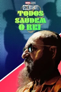 Homem barbudo de óculos escuros em perfil,contra fundo azul pontilhado e vermelho. Estilo de arte gráfica,quadrinhos.