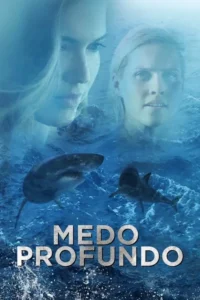 Duas mulheres apavoradas em águas turbulentas com tubarões ameaçadores. Clima azul escuro de suspense e perigo no oceano.