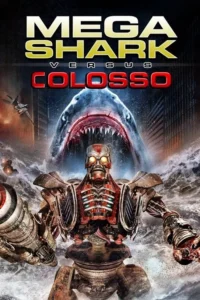 Robô colossal com olhos acesos no mar agitado. Tubarão gigante de boca aberta e cidade destruída ao fundo,sob jatos militares.