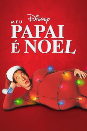 Homem com gorro de Papai Noel e pijama vermelho, enrolado em luzes de Natal, deitado com expressão surpresa. Fundo vermelho.