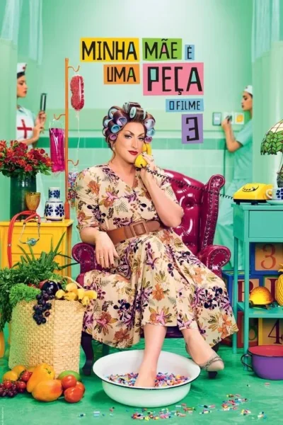 Mulher de bobes e vestido floral na poltrona. Pé em tigela de pílulas, fala ao telefone. Cenário hospitalar colorido com enfermeiras. Humor.