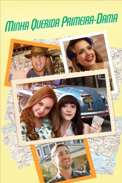 Colagem de fotos: homens e mulheres sorrindo/surpresos, um carro antigo. Fundo de mapa. Clima divertido e de aventura.