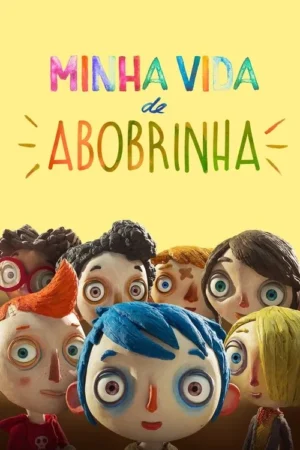 Pôster de animação stop-motion. Sete personagens infantis de olhos grandes em close-up, fundo amarelo e marrom. Clima peculiar.