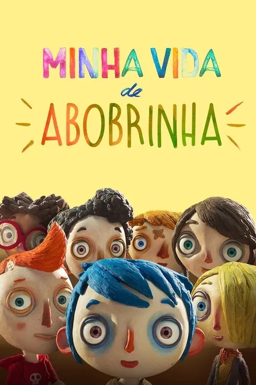 Pôster de animação stop-motion. Sete personagens infantis de olhos grandes em close-up,fundo amarelo e marrom. Clima peculiar.
