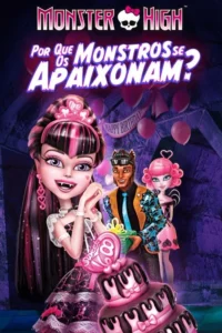 Pôster animado:Uma vampira de cabelo rosa e preto sorri,segurando um bolo. Dois amigos e balões cor-de-rosa em uma festa gótica de aniversário.