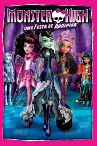 Seis personagens jovens com visual de monstro,uma de pele verde sorrindo no centro,em um corredor roxo. Clima vibrante e divertido.