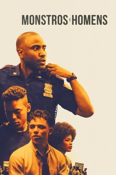 Um policial negro segura um rádio, olhando à direita. Abaixo, jovens com expressões sérias e um protesto ao fundo. Tom dramático.