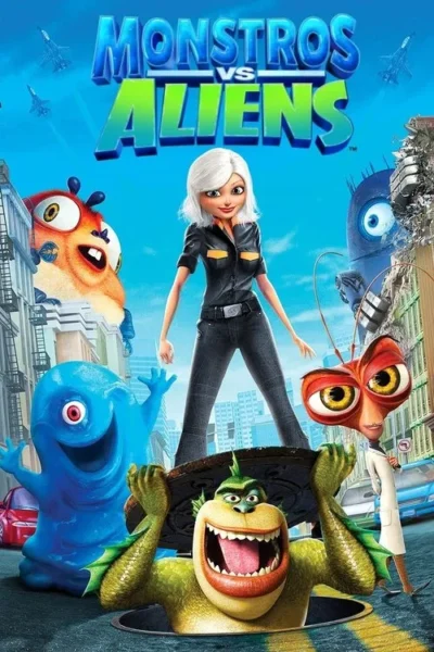 Pôster de animação. Uma mulher e vários monstros coloridos em uma cidade sob ataque de um robô gigante. Jatos no céu.