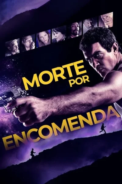 Homem intenso com arma, elenco diverso no alto e corredores em silhueta sobre montanhas roxas e cósmicas.