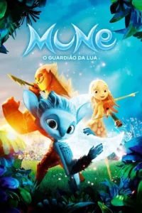 Criatura azul,gigante laranja e menina etérea em pôster vibrante. Luz solar e lunar criam cenário fantástico exuberante.
