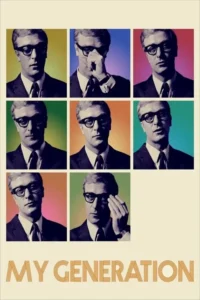 Pôster Pop Art:7 quadrados com fotos de um homem sério de óculos em diferentes poses e fundos coloridos vibrantes.