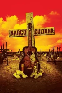 Cemitério com cruzes sob céu laranja. Guitarra com rosário, vela, flores amarelas e Santa Muerte. Clima sombrio e místico.