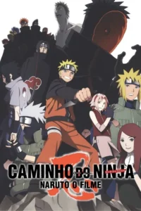 Pôster anime:Jovem ninja loiro em destaque com kunai. Aliados sorridentes à direita,vilões sombrios e um monstro ameaçam ao fundo. Cena de ação.