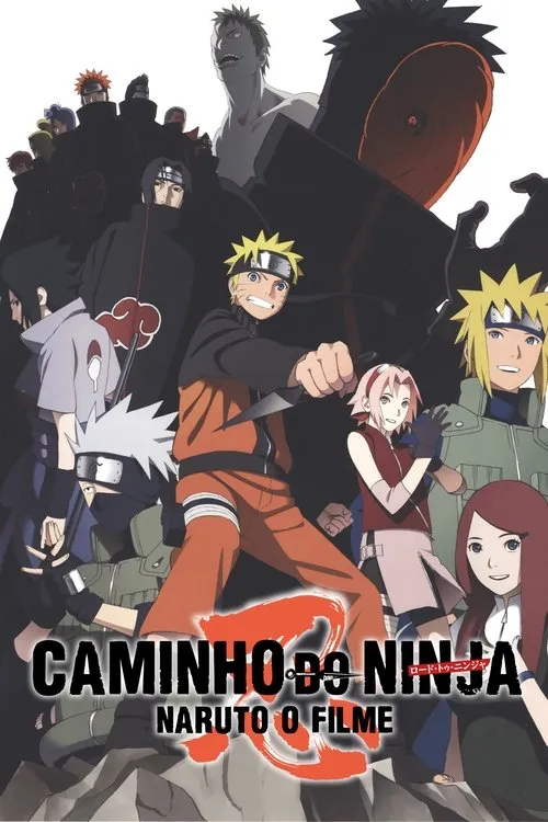 Pôster anime:Jovem ninja loiro em destaque com kunai. Aliados sorridentes à direita,vilões sombrios e um monstro ameaçam ao fundo. Cena de ação.