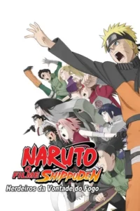 Pôster anime:jovem loiro lidera grupo de guerreiros em poses de ataque e expressões determinadas,contra fundo branco. Clima de urgência.