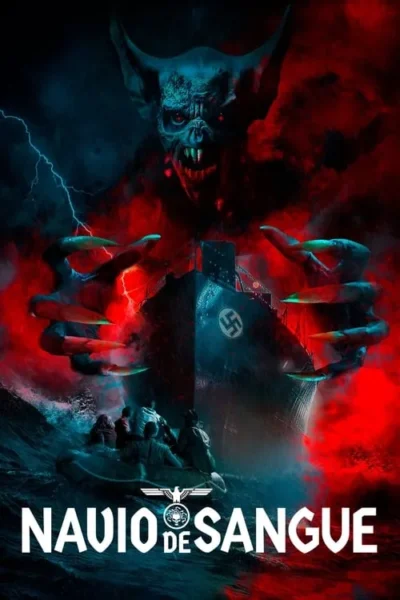 Criatura demoníaca vermelha/azul com olhos vermelhos acima de submarino com suástica. Pessoas em bote no mar tempestuoso. Atmosfera de horror.