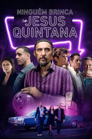 Pôster roxo com homem barbudo de camisa listrada e bola de boliche. Vários personagens, carro clássico e neon. Ambiente de boliche, clima noturno.