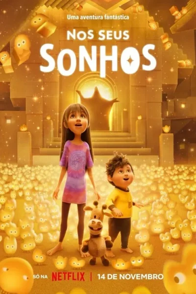 Menina, menino e bicho de pelúcia num mundo dourado e mágico, cheio de criaturas amarelas brilhantes. Olham para cima maravilhados.