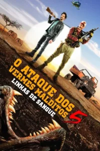 Dois homens armados (um com rifle,outro metralhadora) em deserto com jipe e elefantes. Monstro de dentes afiados emerge do chão.