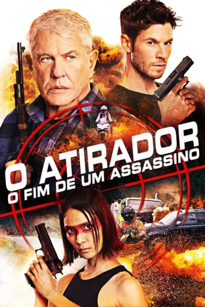 Pôster de ação com três personagens sérios e armados (dois homens, uma mulher com pintura de guerra), sobre explosões, veículos e uma mira vermelha.