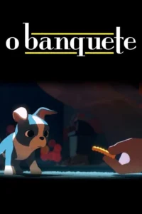 Um pequeno cão animado,preto e branco,olha atento para um salgadinho dourado oferecido por uma mão,em cenário escuro.