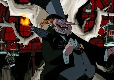 Personagem de cartola e monocle com sorriso diabólico, atira fogo de guarda-chuva. Cenário sombrio, gaiolas e janelas vermelhas.