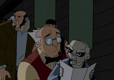 Três figuras animadas em um ambiente escuro: um robô lendo um mapa, um homem de óculos e um homem barbudo observando, com clima de mistério.