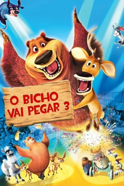 Pôster vibrante com urso e veado animados, sorrindo, acima de uma festa com outros animais, confetes voando. Clima de celebração.