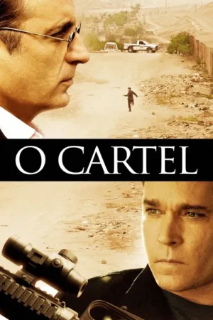 Pôster sépia. Dois homens sérios, um de óculos, outro com rifle, olham opostos. Deserto árido ao fundo, com figura correndo.