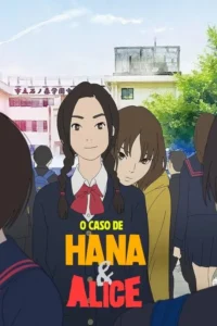 Pôster de anime. Duas garotas,uma sorridente com tranças e uniforme escolar,outra pensativa atrás. Vários alunos e escola ao fundo,céu claro.