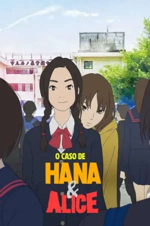 Pôster de anime. Duas garotas, uma sorridente com tranças e uniforme escolar, outra pensativa atrás. Vários alunos e escola ao fundo, céu claro.