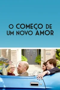 Casal maduro e jovem sorrindo em um carro azul conversível, em frente a um prédio grande. Clima leve e romântico.