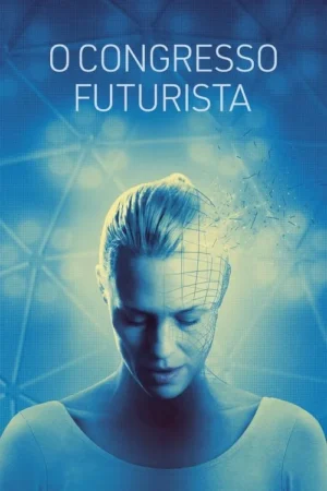 Mulher de olhos fechados com metade do rosto em grade digital e partículas se dispersando no fundo azul futurista.