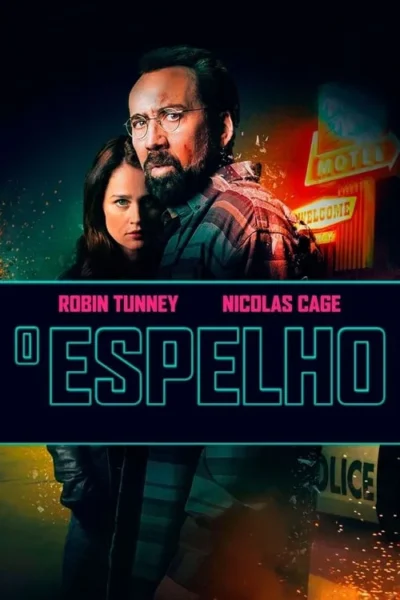 Pôster: homem barbudo com óculos e mulher séria. Fundo noturno com motel neon, estilhaços e reflexo de policial. Clima de suspense.