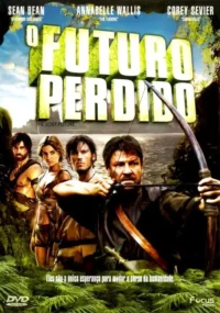 Pôster de aventura:Quatro guerreiros em selva. Homem em primeiro plano com arco e flecha,outros atrás. Clima de perigo.