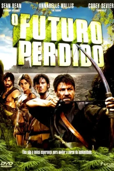 Pôster de aventura: Quatro guerreiros em selva. Homem em primeiro plano com arco e flecha, outros atrás. Clima de perigo.