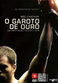 Homem barbudo com braço erguido e luva de boxe vermelha, celebrando vitória contra fundo escuro. Pôster com clima de luta e triunfo.