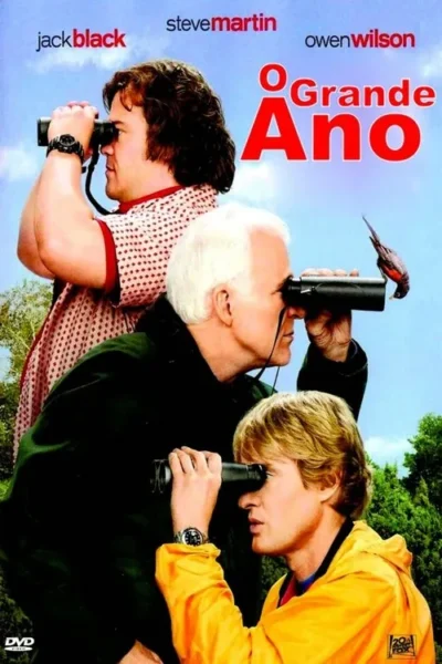 Três homens, de camisa de bolinhas, cabelos brancos e loiro, observam com binóculos em um dia ensolarado. Um pássaro pousa em um binóculo.