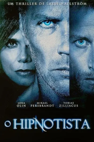 Três rostos sobrepostos em close-up, uma mulher e dois homens. Tons azuis e olhos penetrantes criam um clima de mistério e tensão.