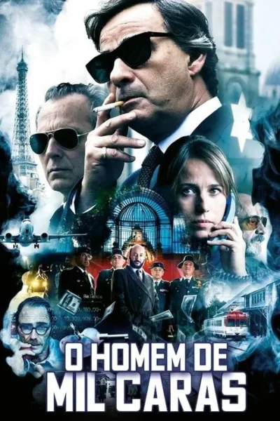 Pôster sombrio com vários personagens sérios; homem de óculos fumando. Cenas de Paris, avião, dinheiro voando. Clima de crime e mistério internacional.