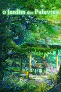 Pôster de anime: Casal em um gazebo verdejante sob chuva. O homem ajuda a mulher com seu sapato. Ambiente tranquilo e íntimo.