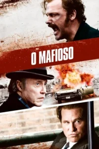 Um homem furioso,um de chapéu sério e outro de terno fixam o olhar. Um carro explode ao fundo. Pôster de ação e drama.