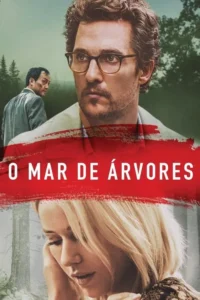 Homem de óculos sério,asiático atrás em floresta nebulosa. Mulher loira pensativa. Clima dramático.